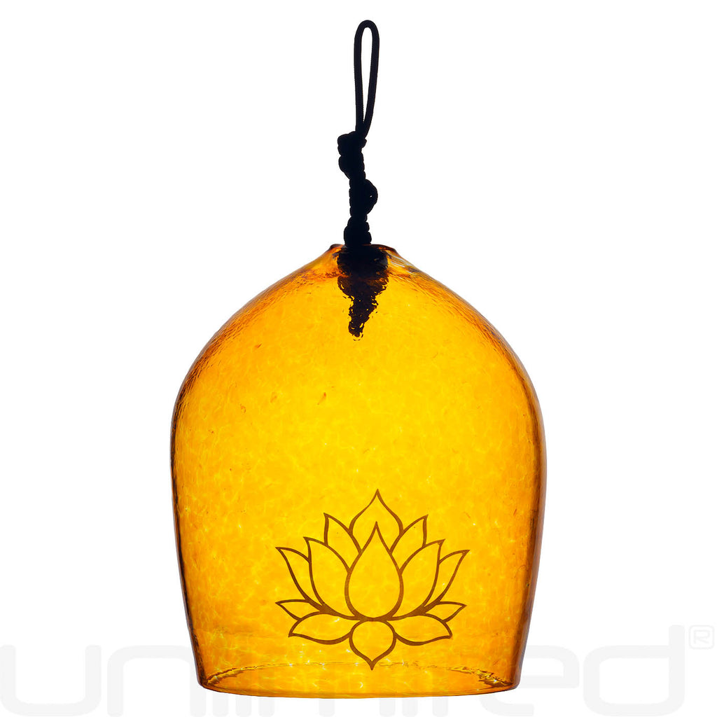 Shrader Made Glass Old Gold Bell with Lotus Symbol
