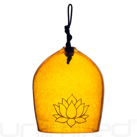 Shrader Made Glass Old Gold Bell with Lotus Symbol